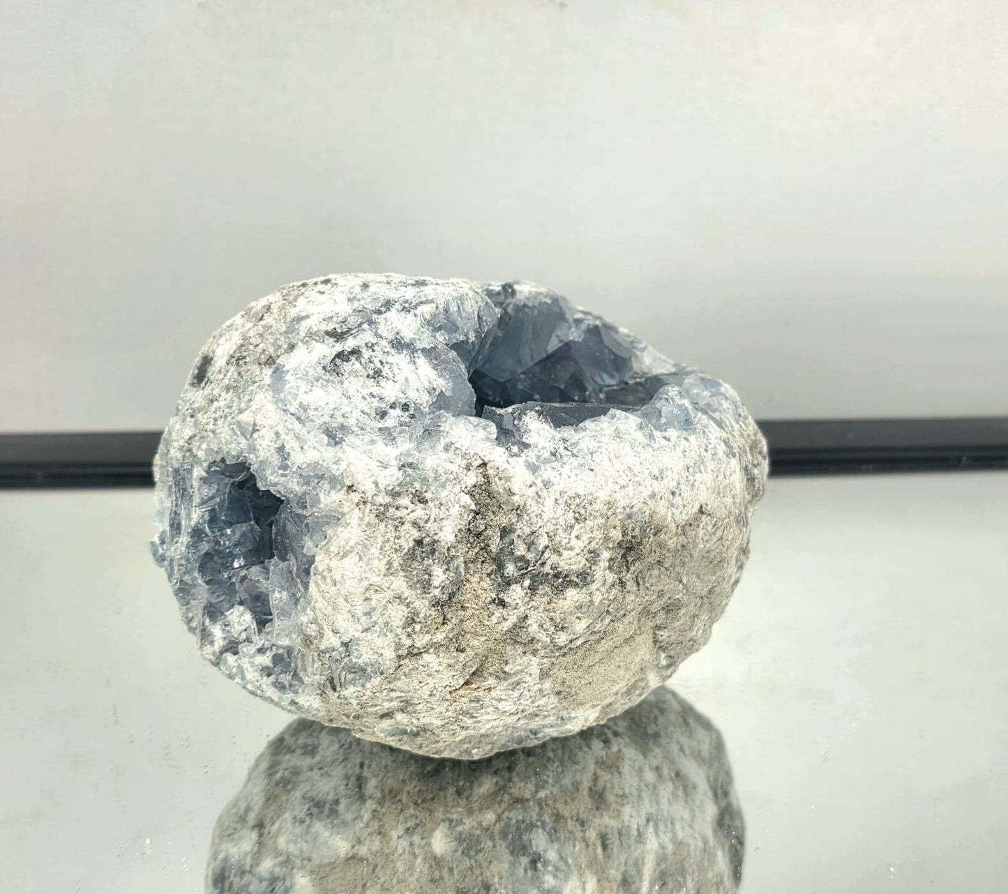 Close-up of celestite crystals with sky-blue transparency