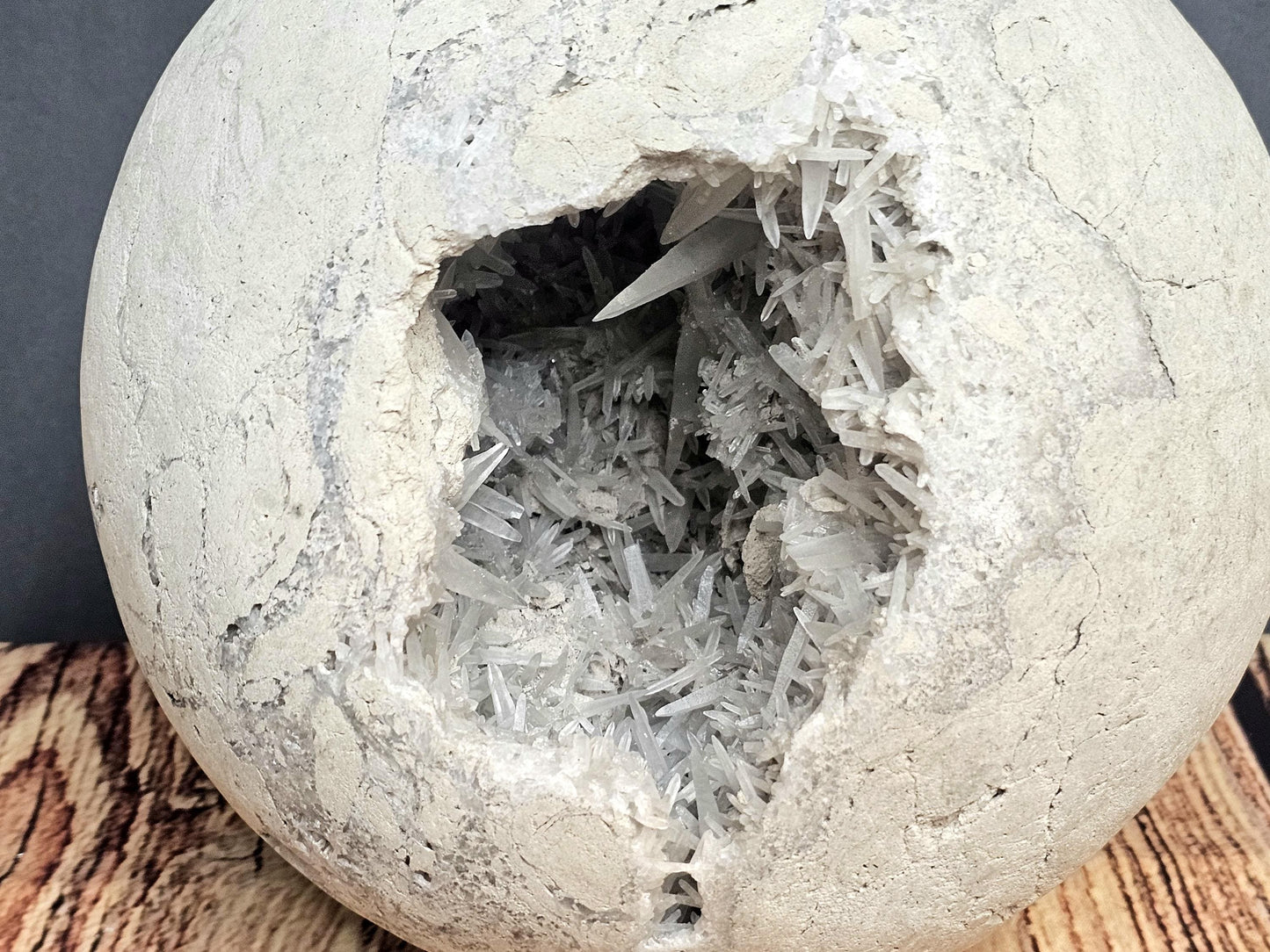 Detailed view of Celestite Geode Sphere, showing the delicate needle crystals within the geode structure.