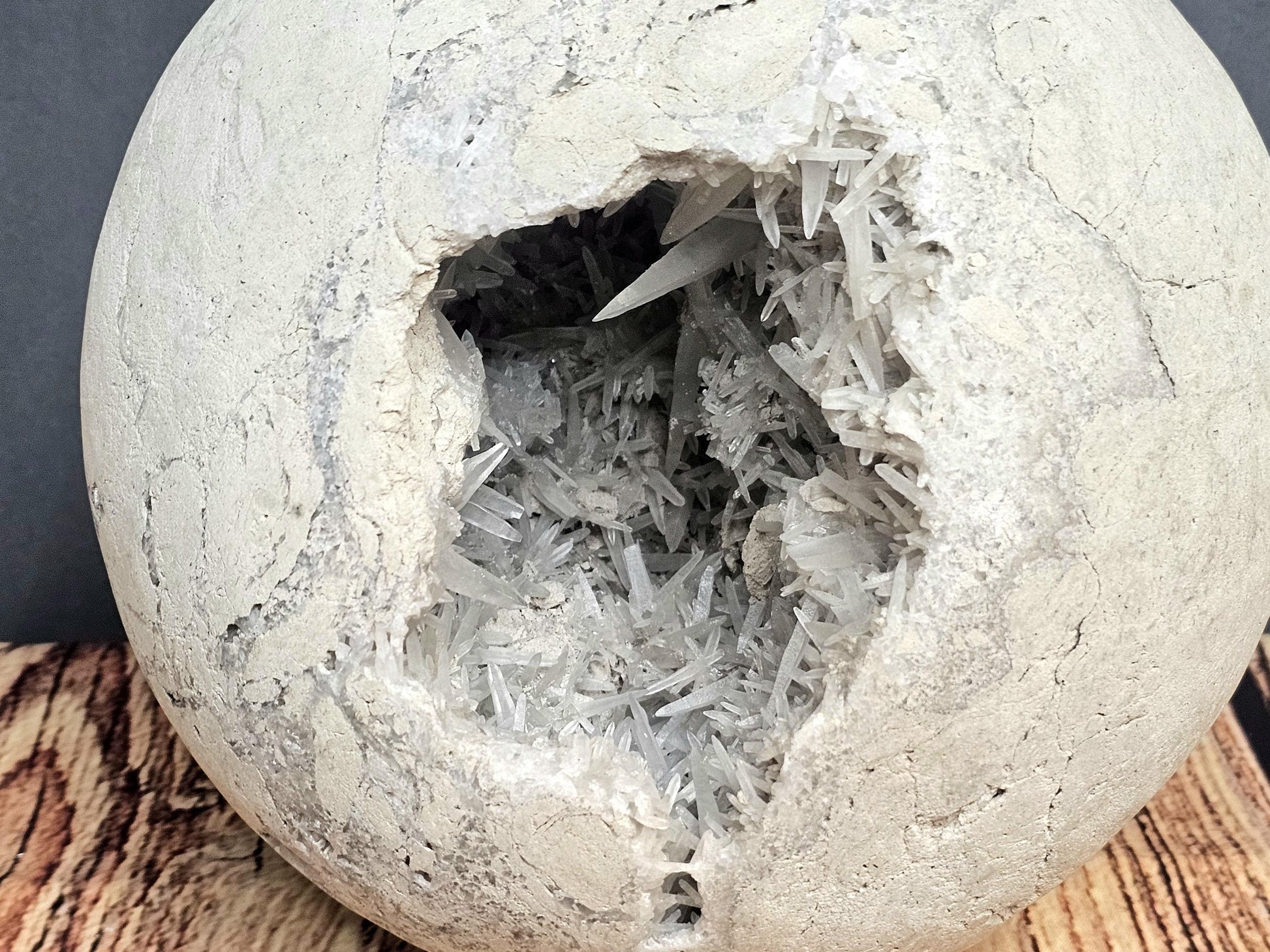 Detailed view of Celestite Geode Sphere, showing the delicate needle crystals within the geode structure.