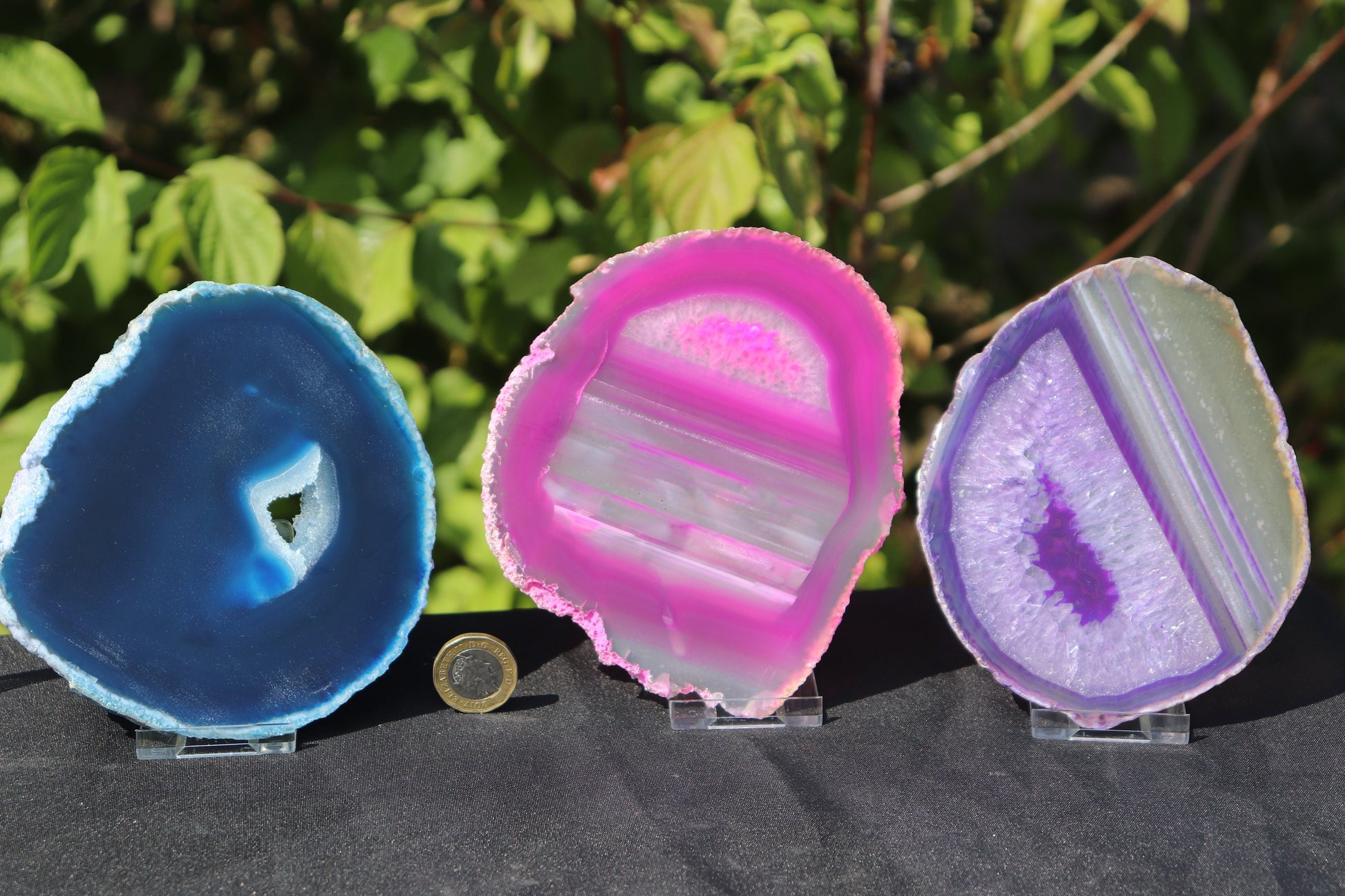 A clear two-piece plastic display stand assembled and shown upright, measuring 50 × 70 mm for minerals and crystal slices.