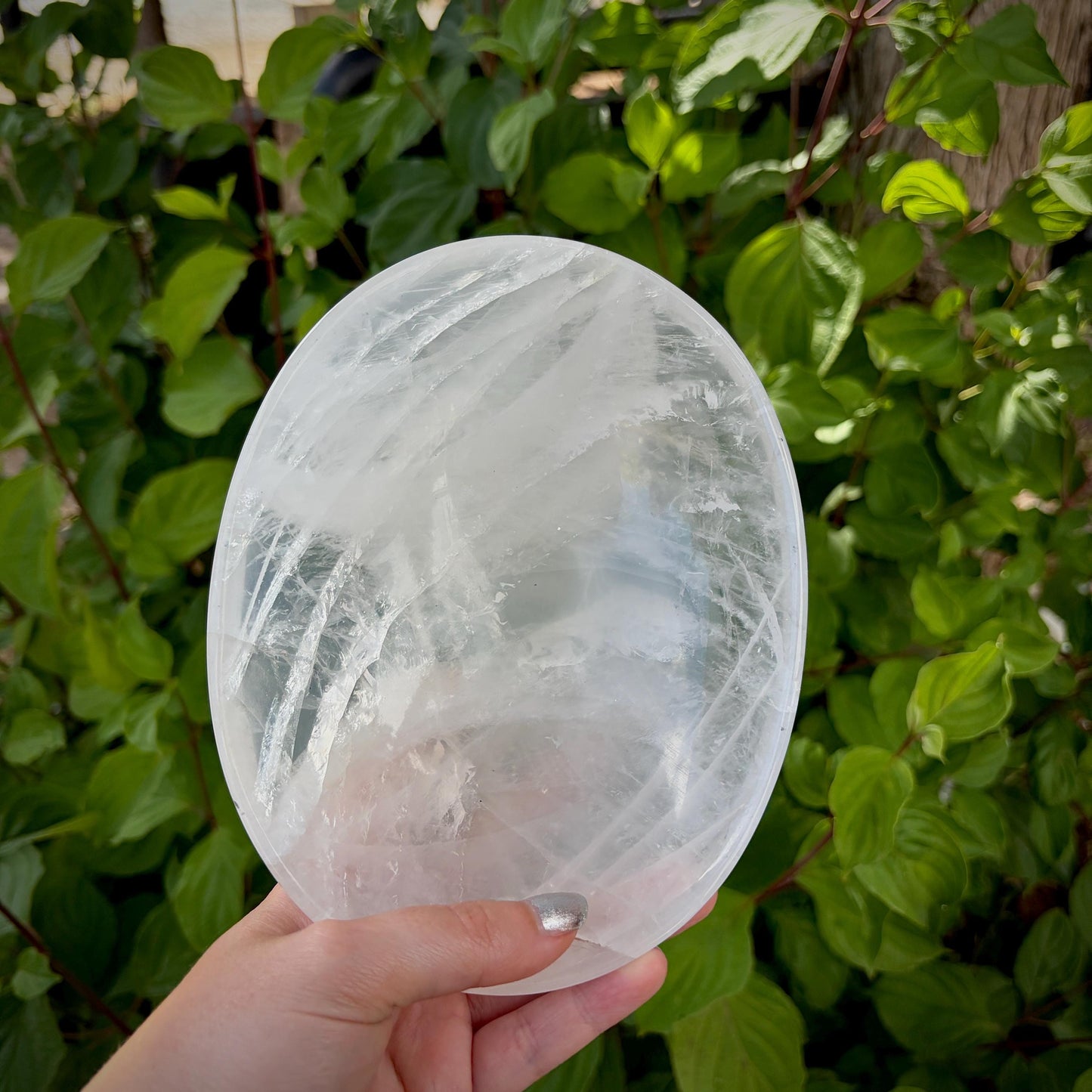 Close view of natural markings within a Clear Quartz crystal bowl
