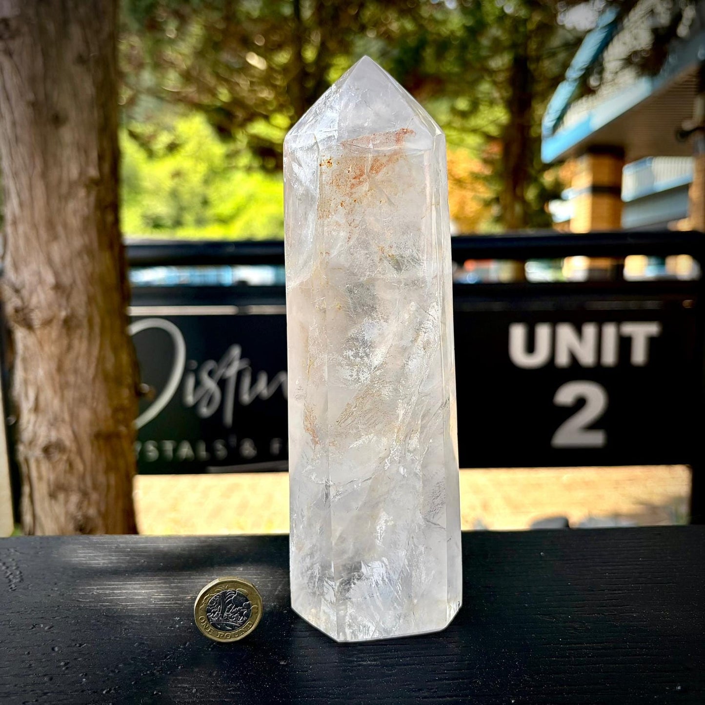 Clear quartz decorative tower, hand selected for natural clarity, rainbow detail and polished form.