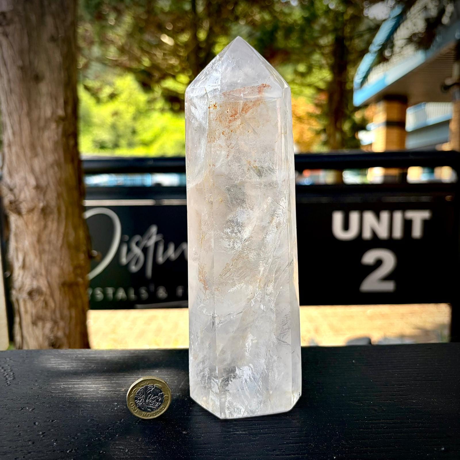 Clear quartz decorative tower, hand selected for natural clarity, rainbow detail and polished form.