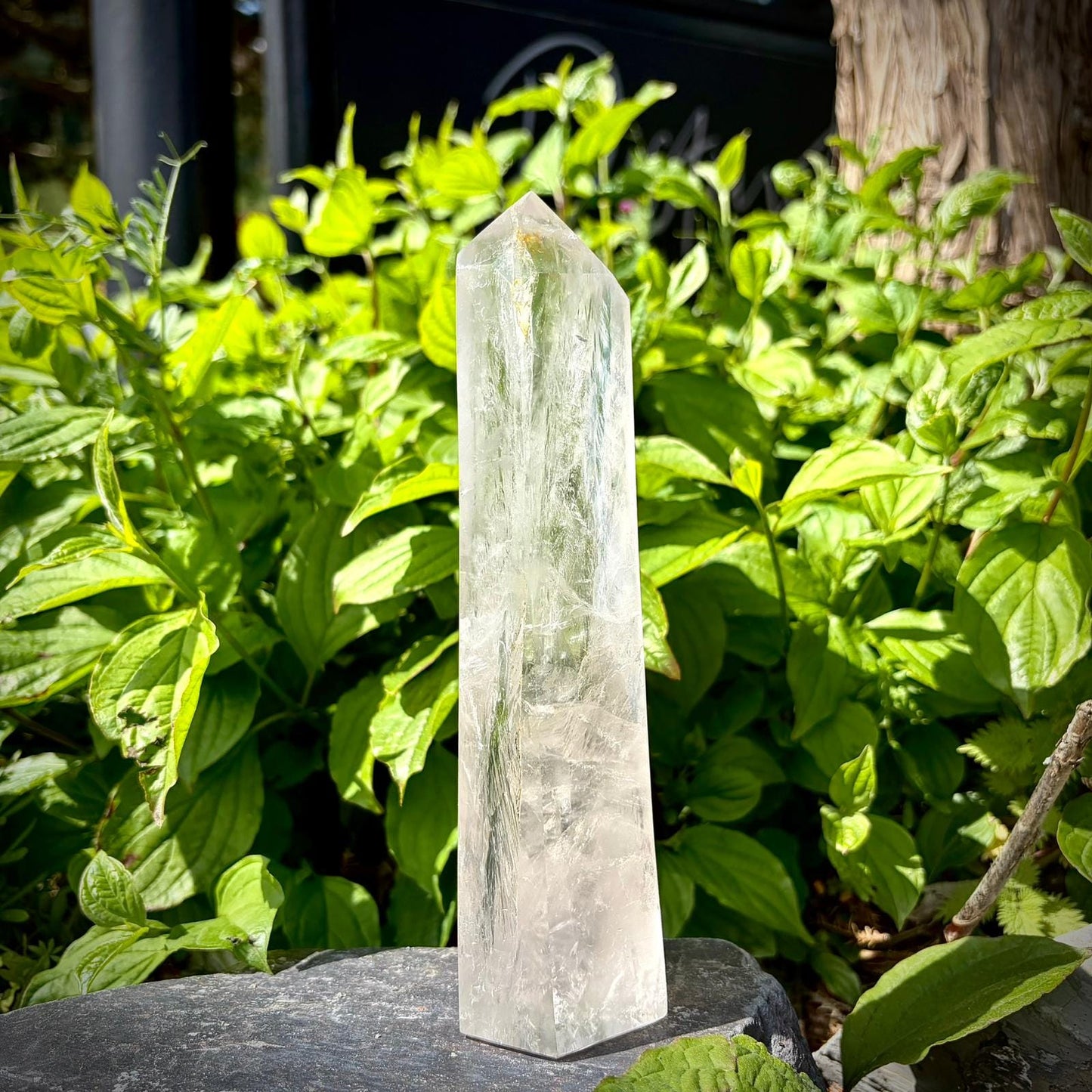 Clear quartz crystal tower for shelf styling, home decor and curated interior displays.