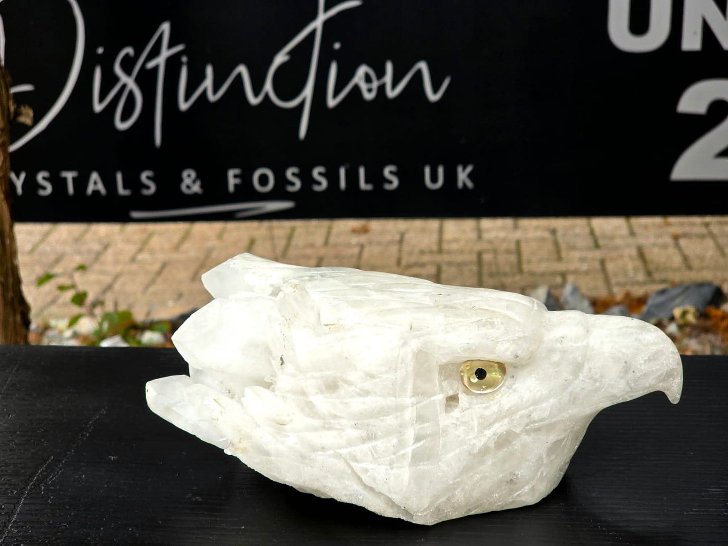 Clear quartz eagle symbolizing strength, clarity, and freedom.