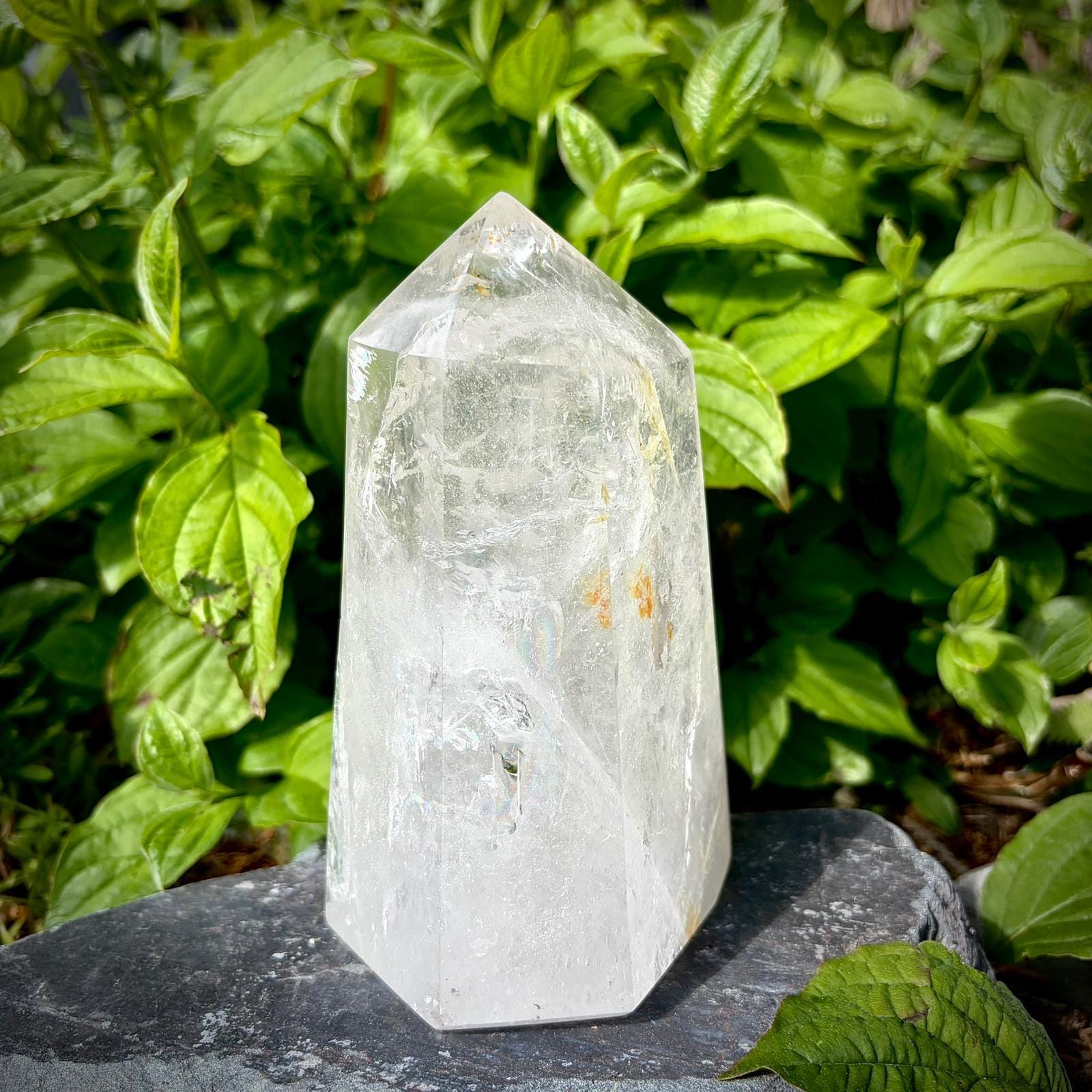 Clear quartz prism polished display piece with natural and organic stone character.