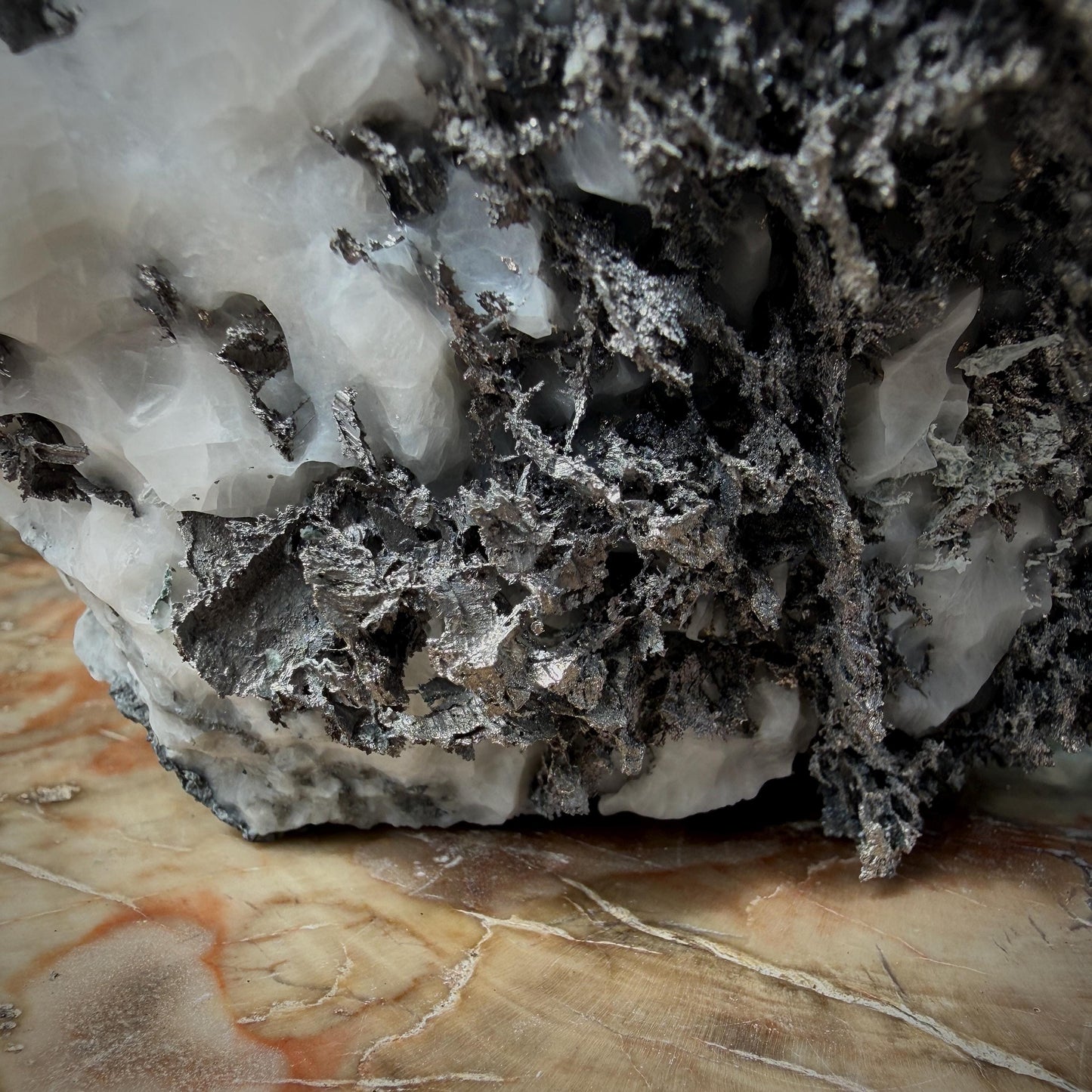 Collector Native Silver on Calcite specimen with strong metallic lustre