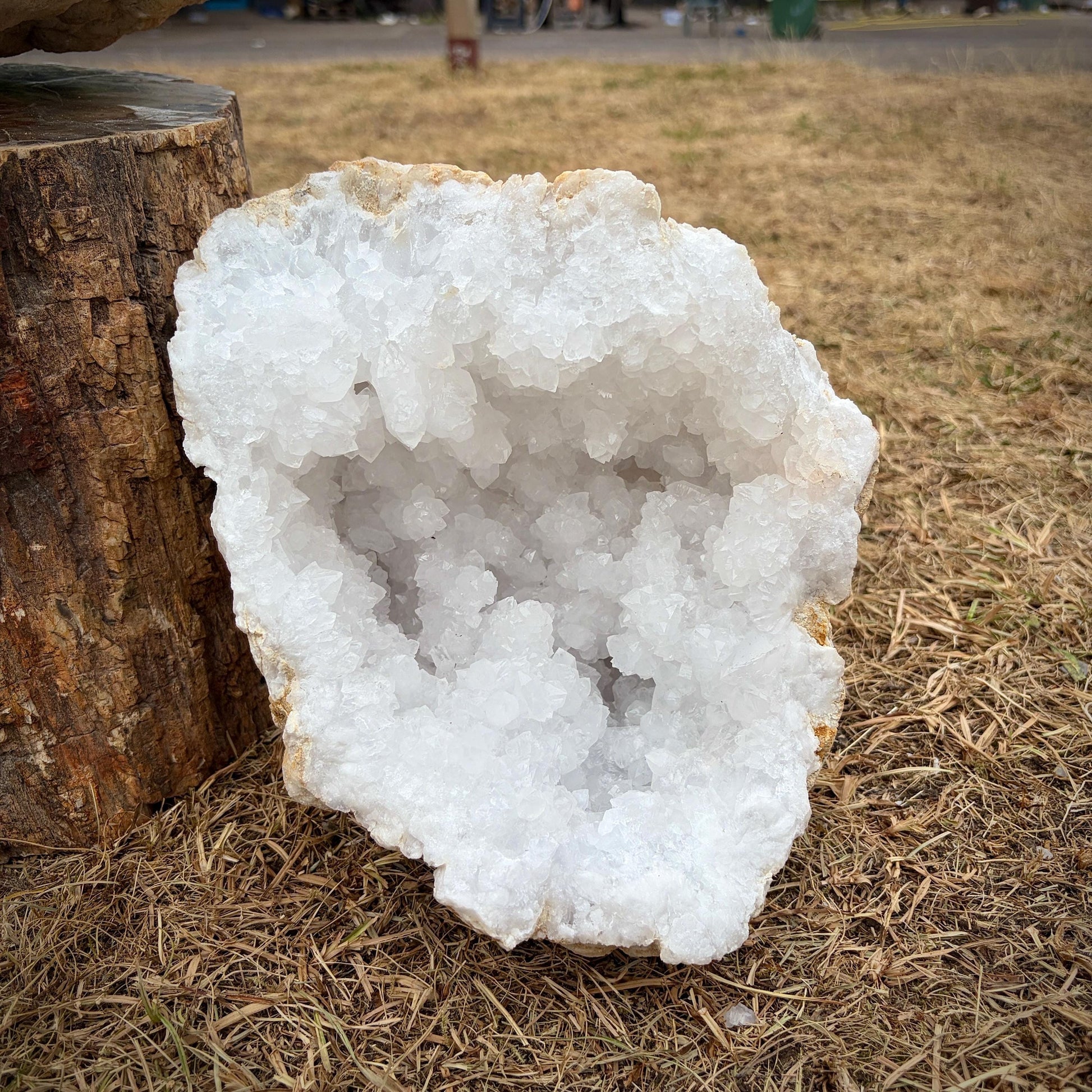 Collector-quality quartz crystal geode pair sourced from Morocco.