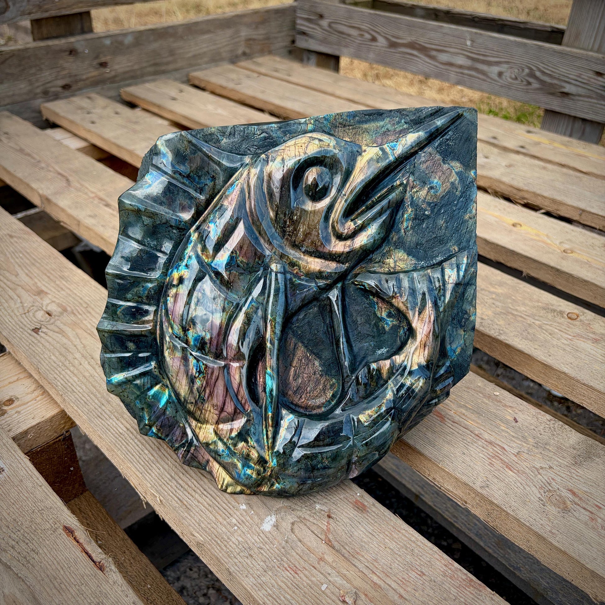Madagascan Labradorite sculpture with striking purple flash