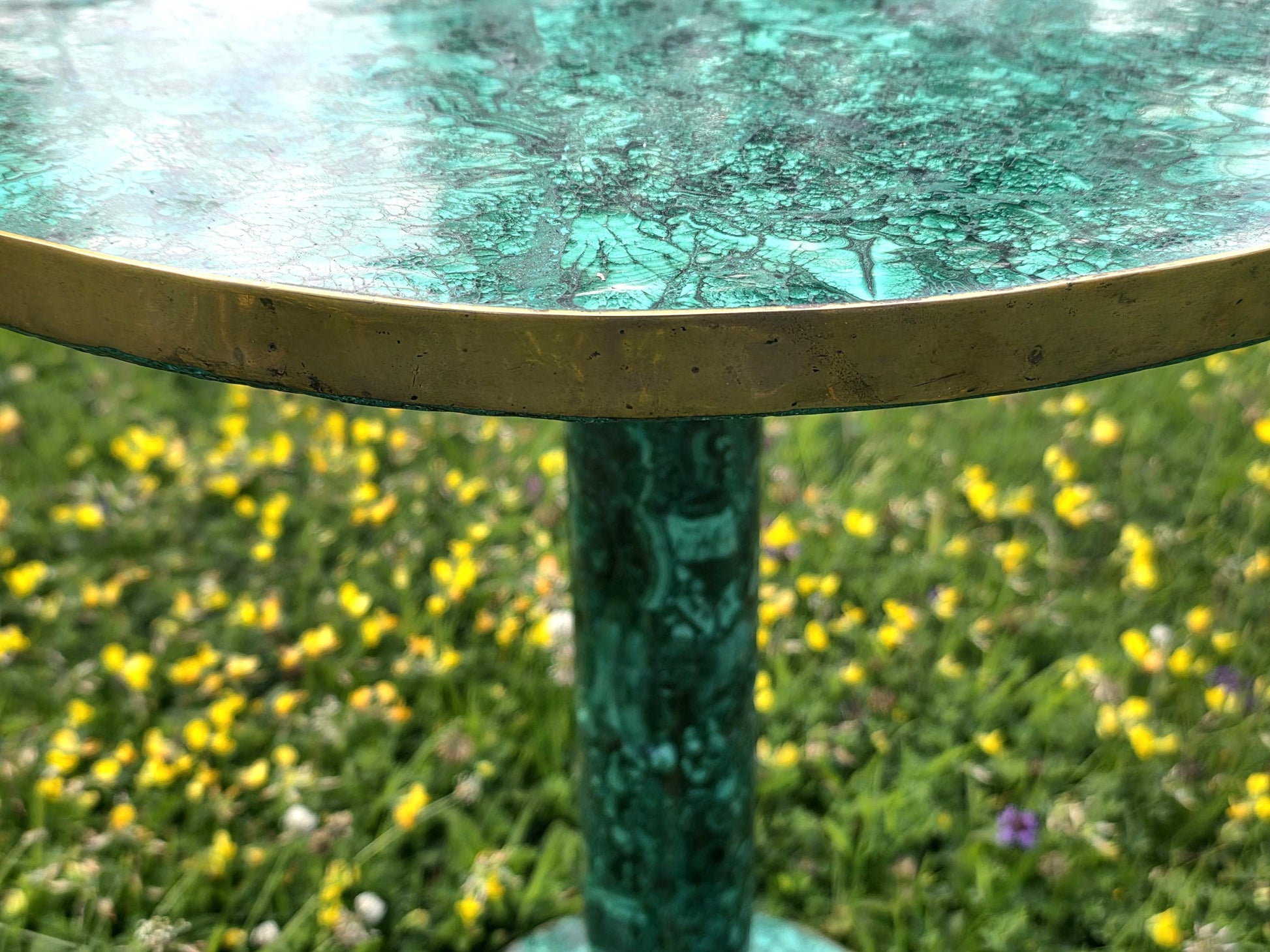 Designer malachite crystal table with vivid swirling patterns, perfect for luxury crystal furniture collections.