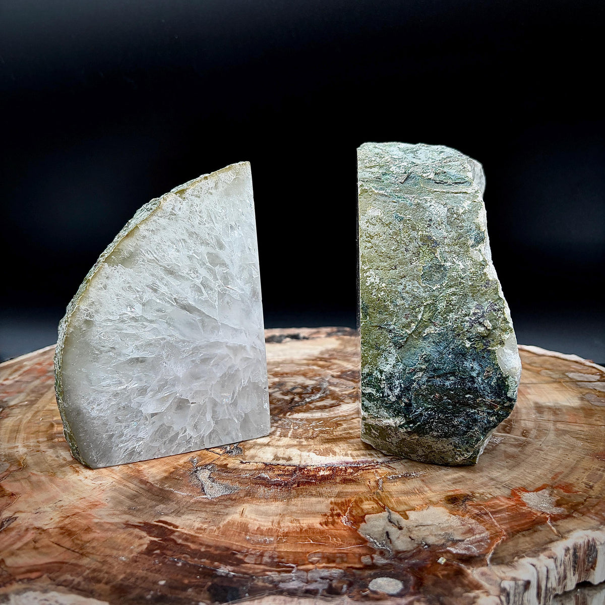 Decorative polished Agate bookends styled as a distinctive accessory for shelves and interior displays.