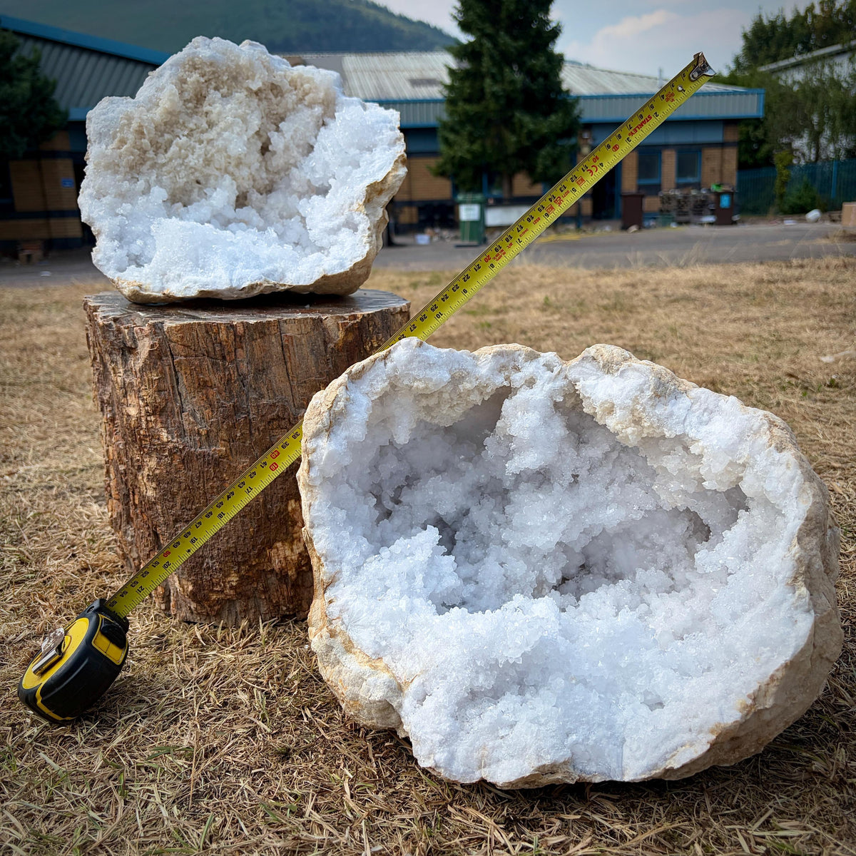 Natural quartz geode used as a striking decorative display specimen.