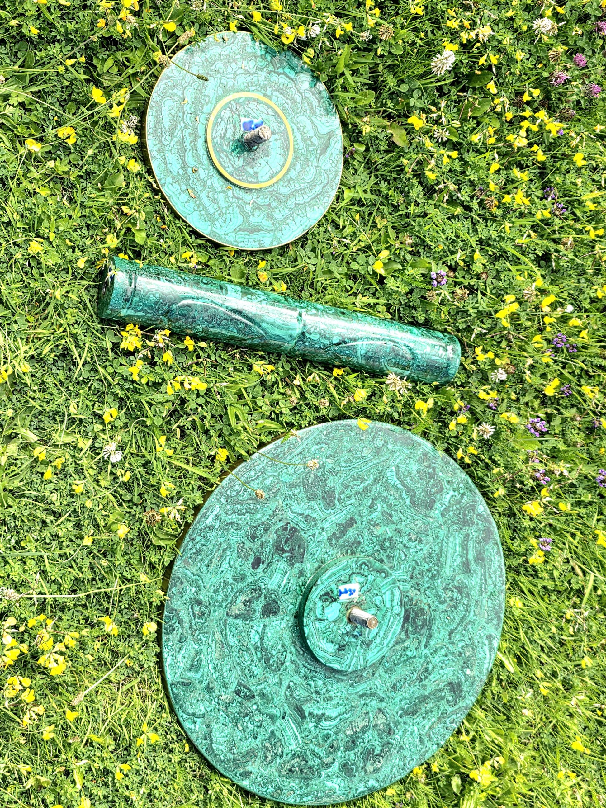 Designer tabletop furniture piece crafted from polished malachite for luxury home styling.