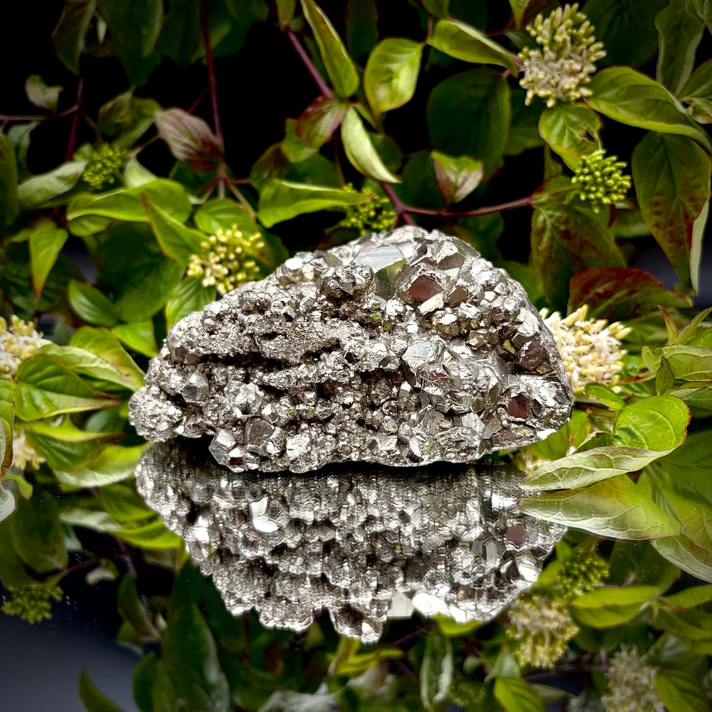 Front view of a large Pyrite cluster highlighting its bright metallic lustre and dimensions.