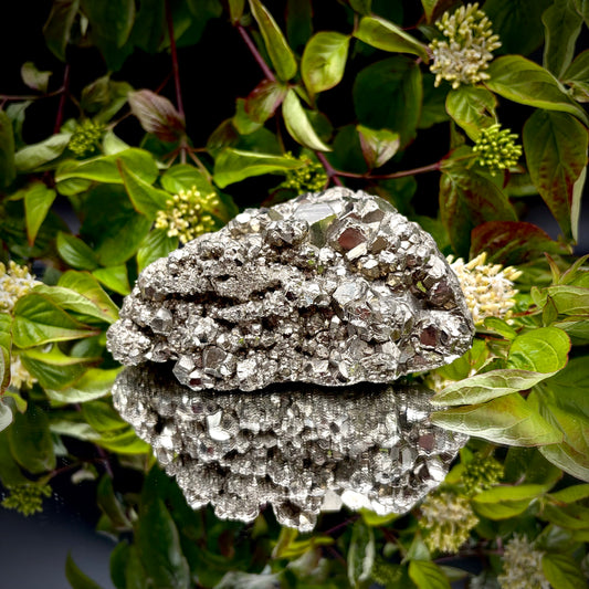 Front view of a large Pyrite cluster highlighting its bright metallic lustre and dimensions.