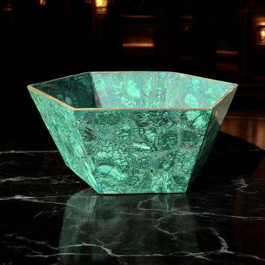 Exclusive handcrafted malachite flower pot, designed as a statement piece for luxury home décor.