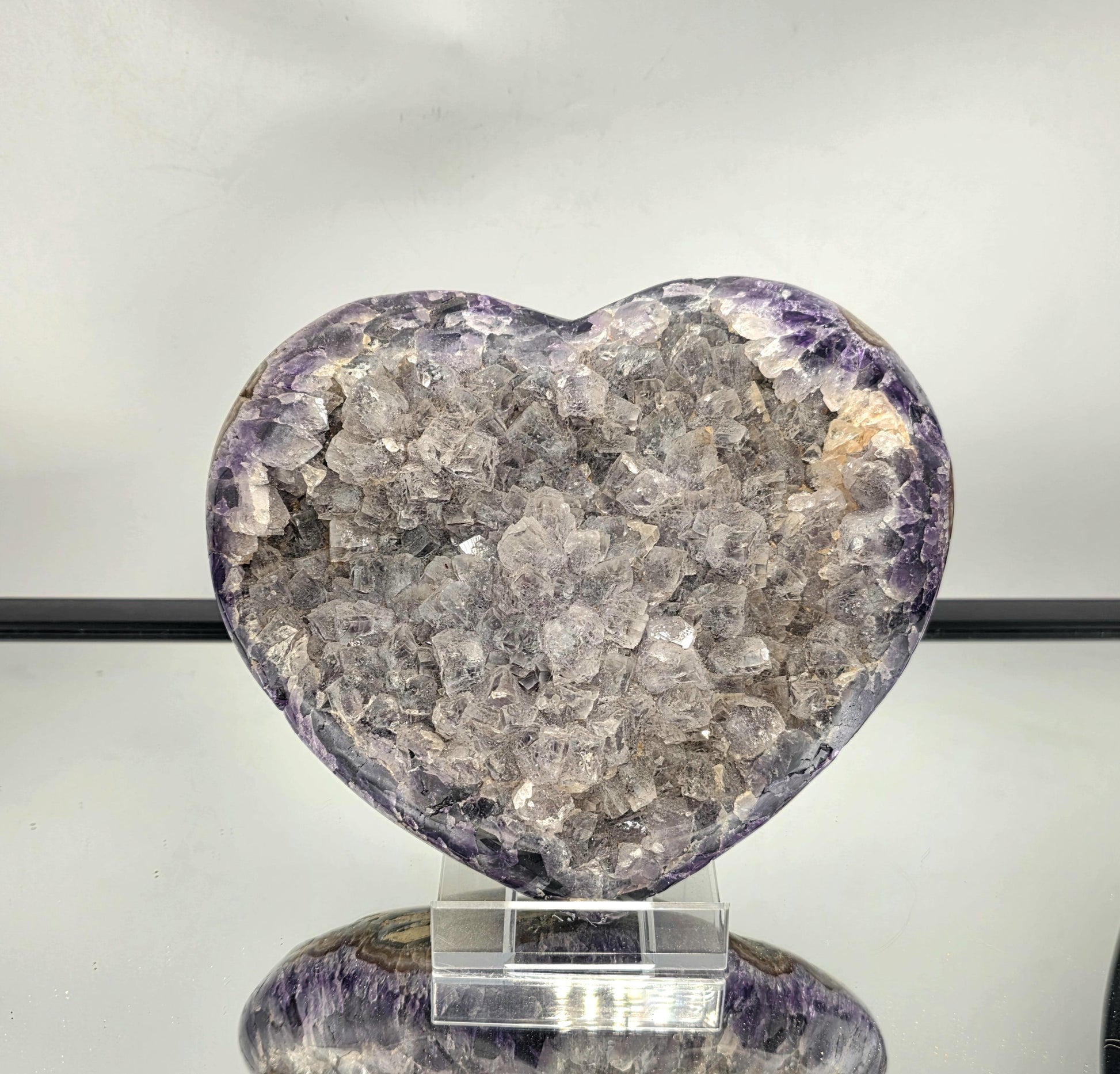 Extra Large Amethyst & Quartz Crystal Heart with polished finish and vibrant natural tones.