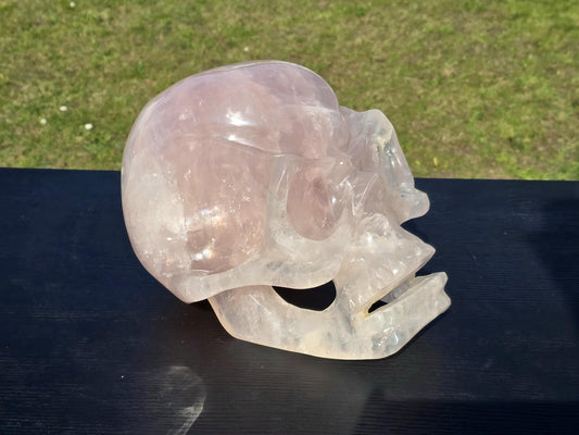 A striking extra-large Rose Quartz Skull, hand-carved.