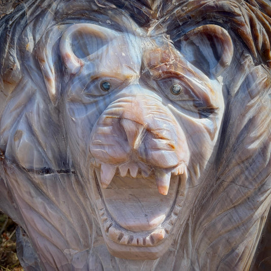 Extra large Violet Agate lion sculpture hand carved from genuine Madagascan agate.