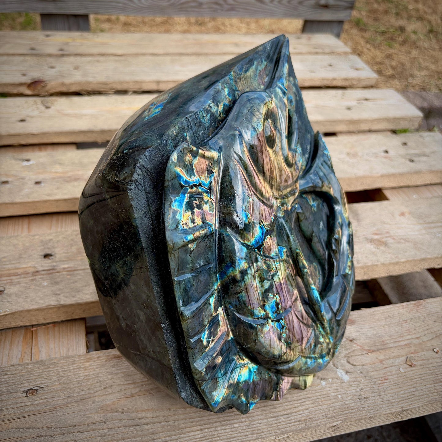 Highly polished Labradorite fish carving displaying vivid natural colours