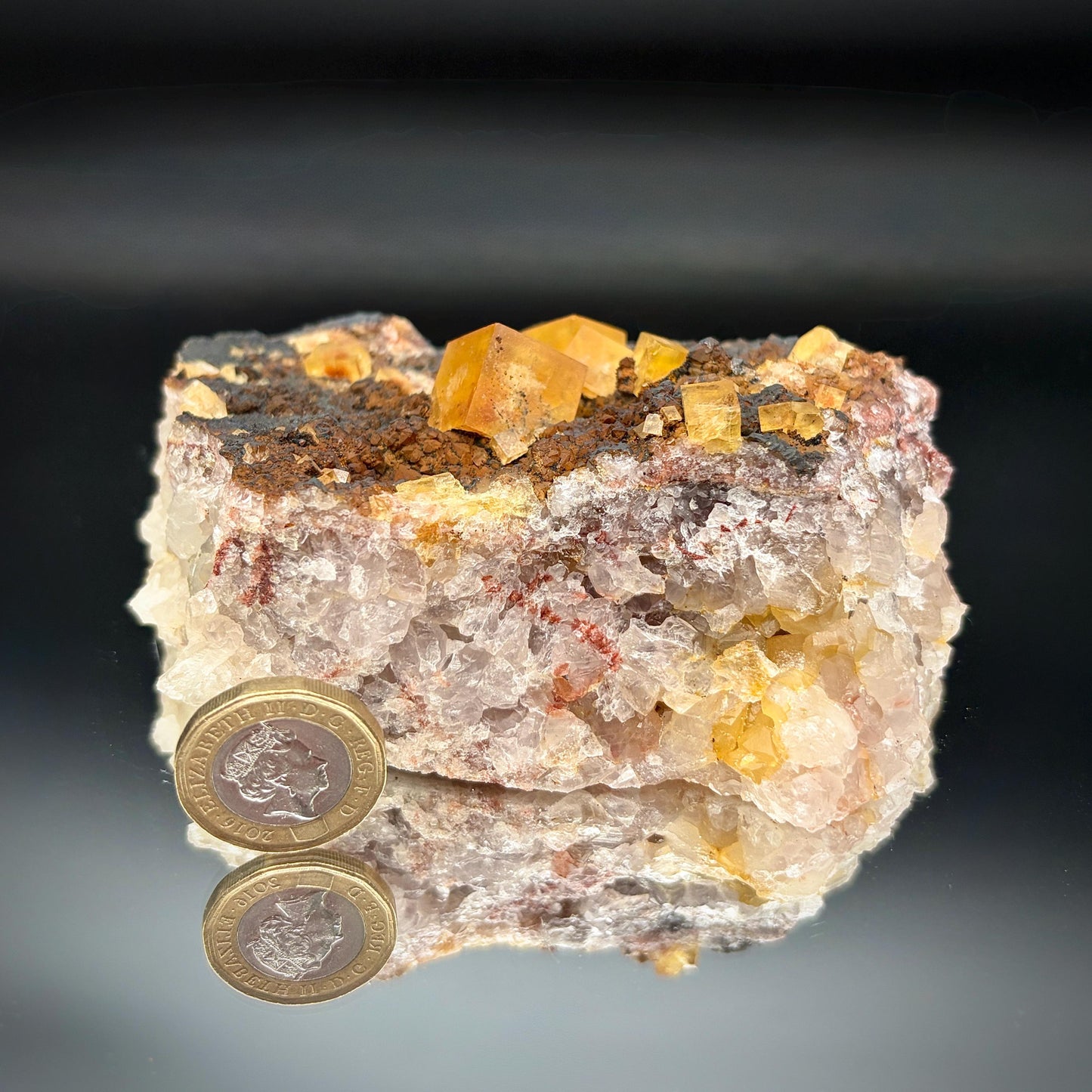 Fluorescent Golden Fluorite mineral from Morocco.