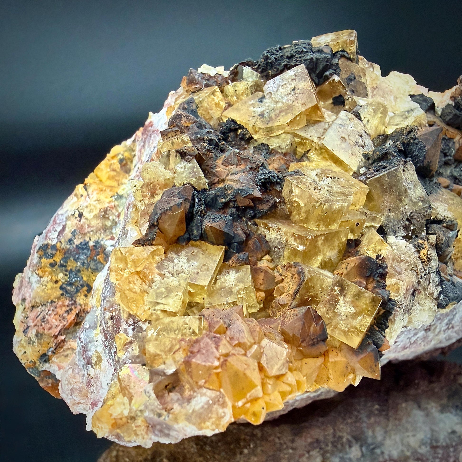 Close-up of Golden Fluorite crystals on original Hematite Matrix.