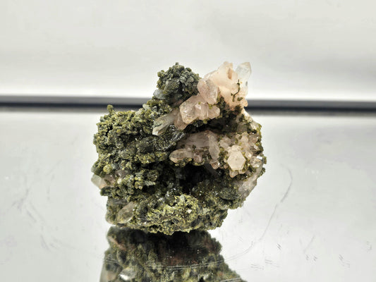 Natural Forest Epidote on Quartz crystal display piece, 317g, 10x8x5cm, intricate pistachio-green crystal details.