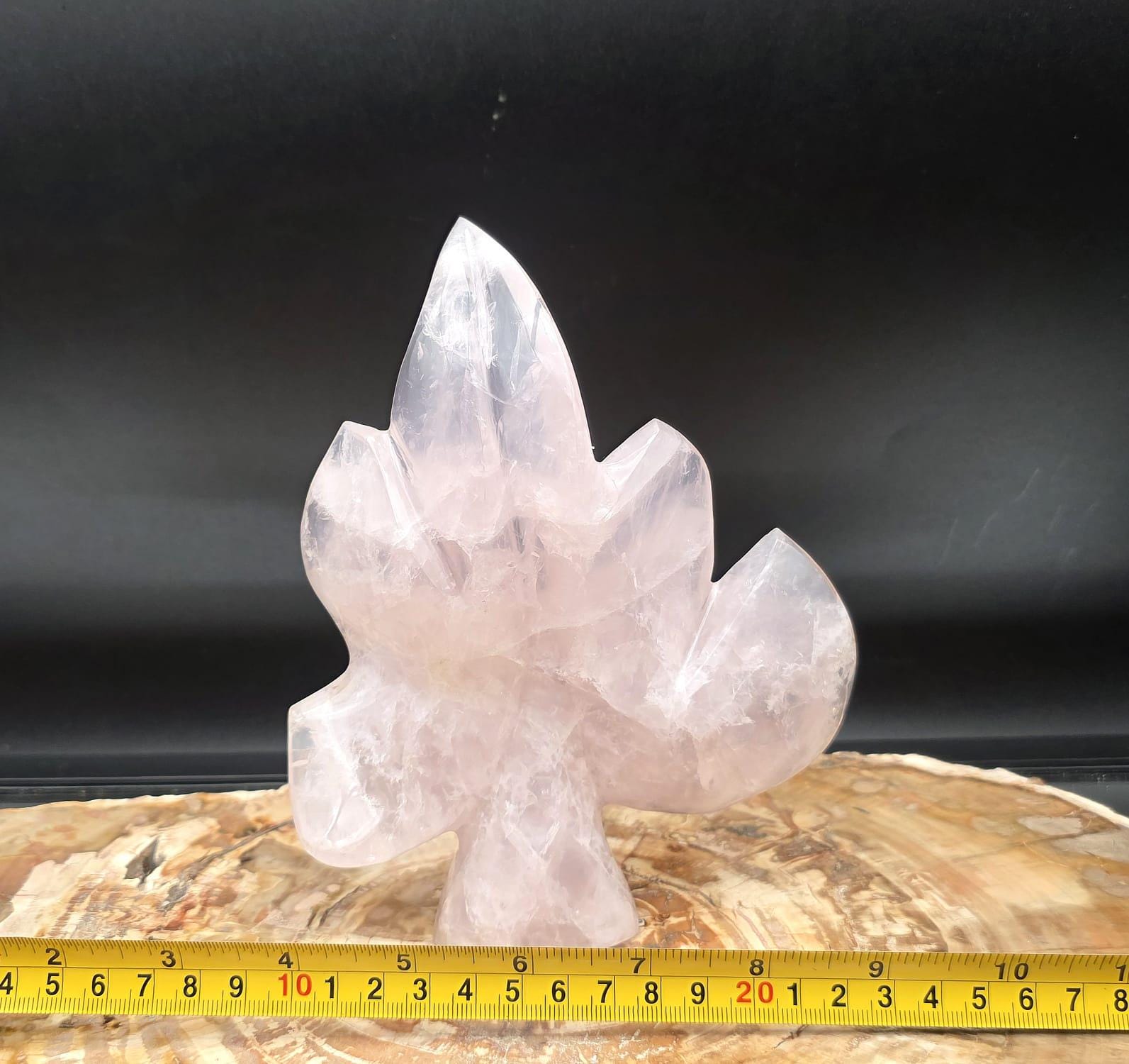Genuine Rose Quartz leaf sculpture with polished freestanding finish.