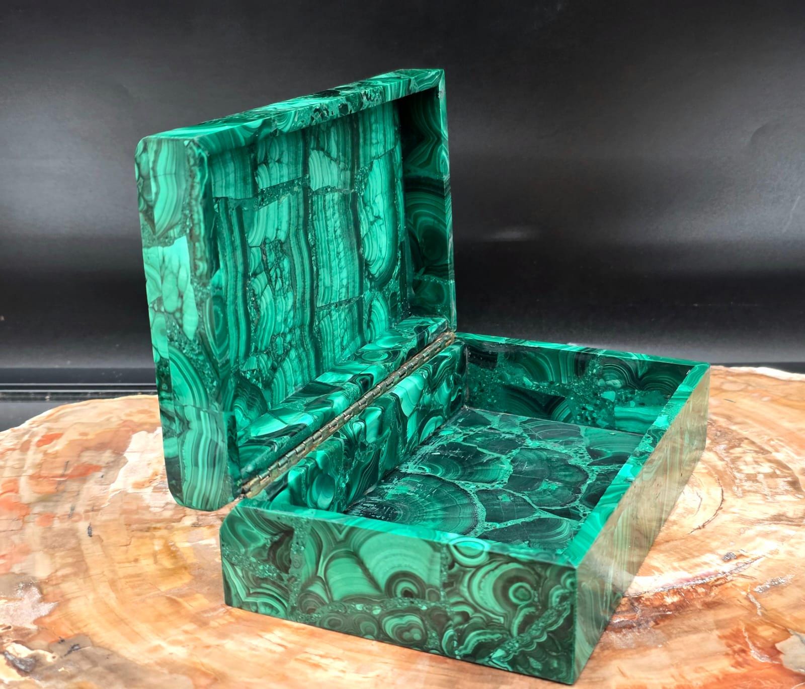 Handcrafted Malachite jewellery box showcasing striking natural green banding.
