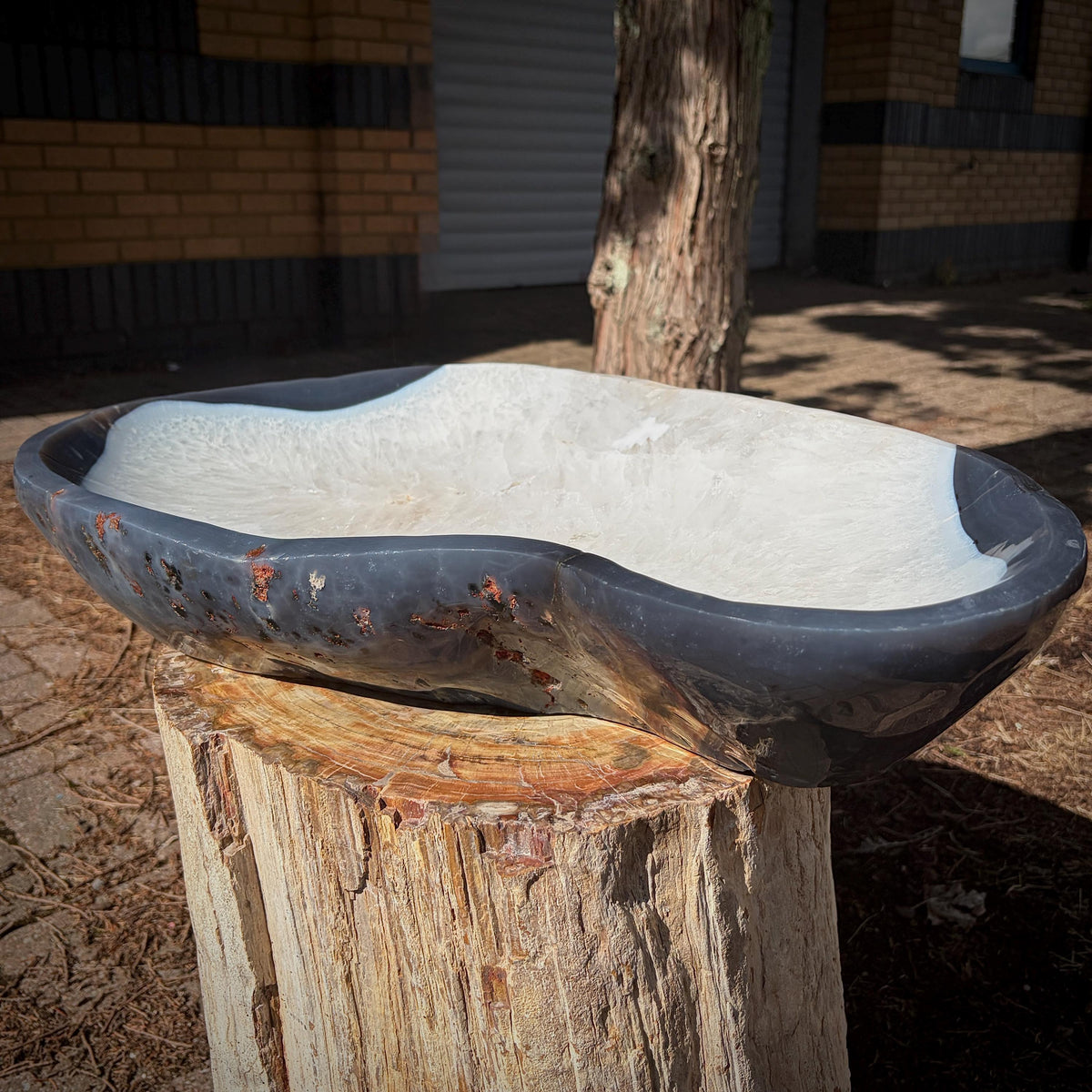 Giant Blue Agate and Quartz bowl styled as luxury home decor