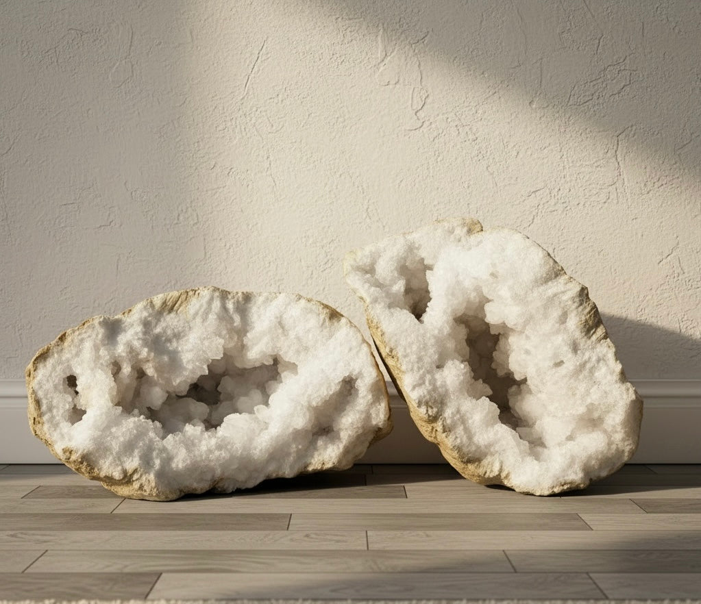 An extra large quartz crystal geode professional cut into two 