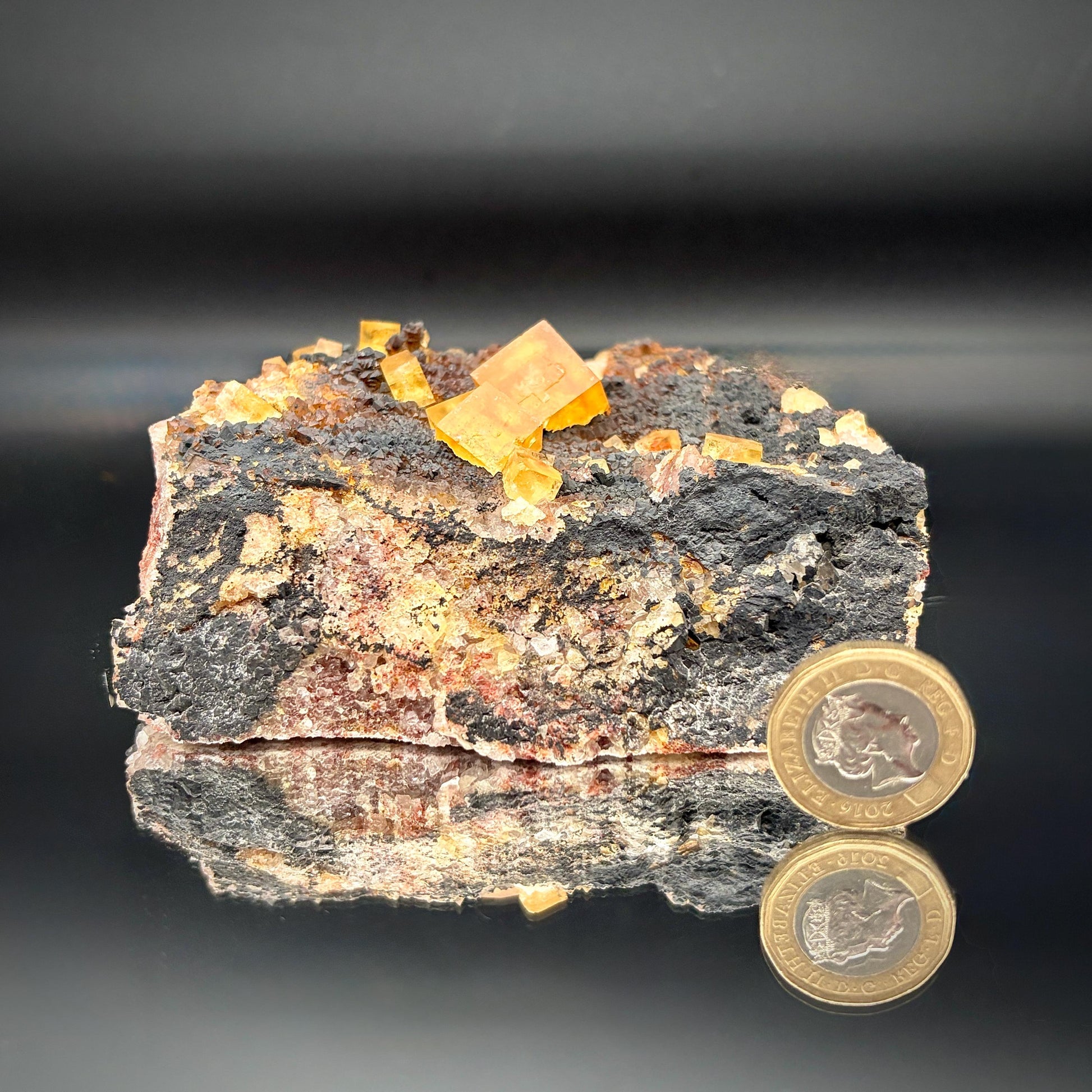 Golden Fluorite crystal display specimen.