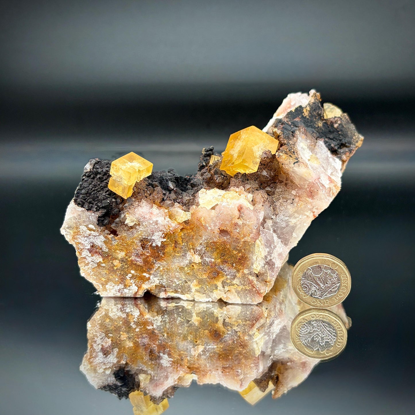 Golden Yellow Fluorite on natural Black Hematite Matrix from Morocco