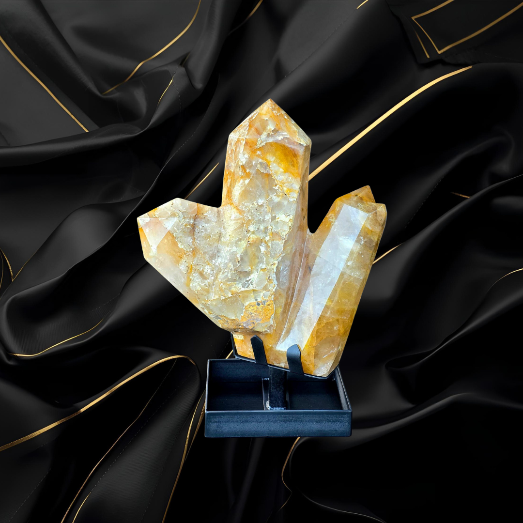 XL Golden Healer Crystal Sculpture - Trilogy Hand Carved Crystal Point on Custom Metal Stand