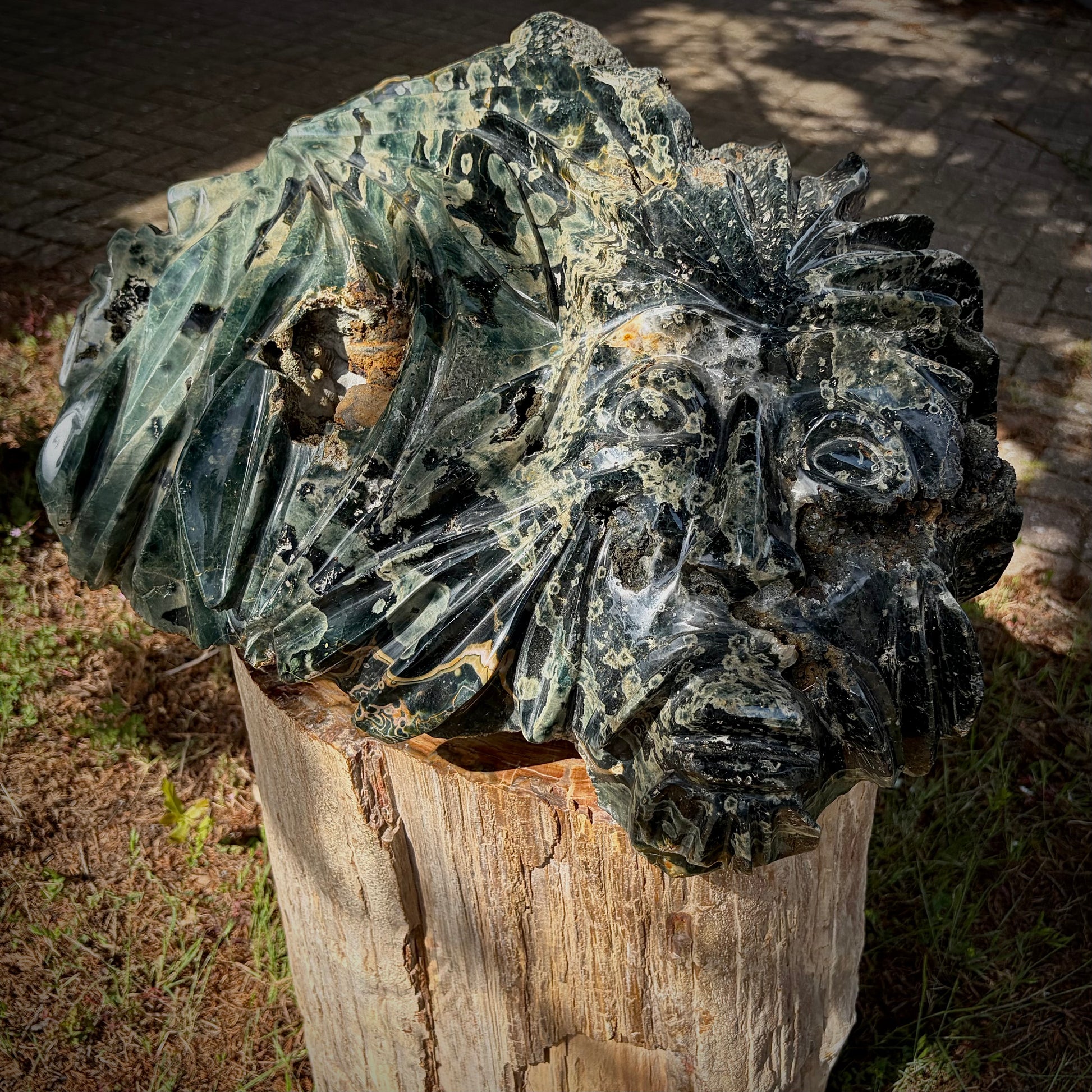 Green Man crystal sculpture hand carved from large Ocean Jasper for statement home décor