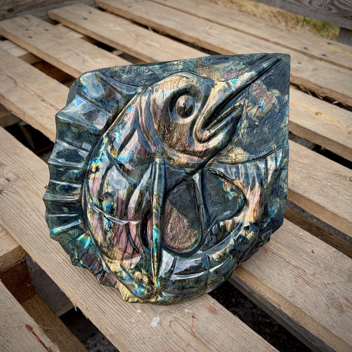 Hand-carved Labradorite fish freeform with exceptional purple sunset flash