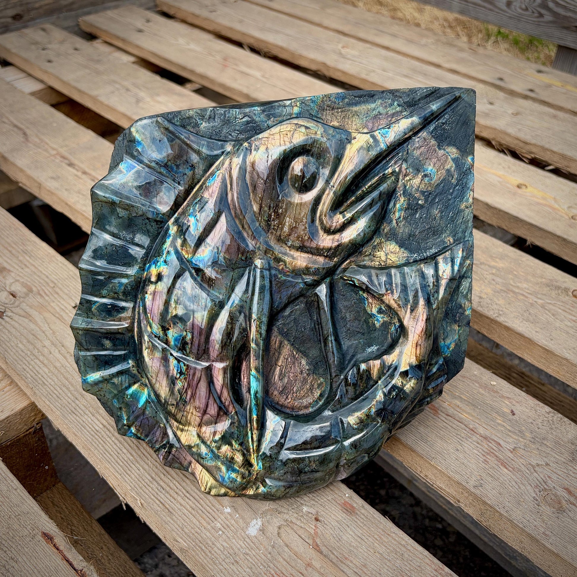 Hand-carved Labradorite fish freeform with exceptional purple sunset flash