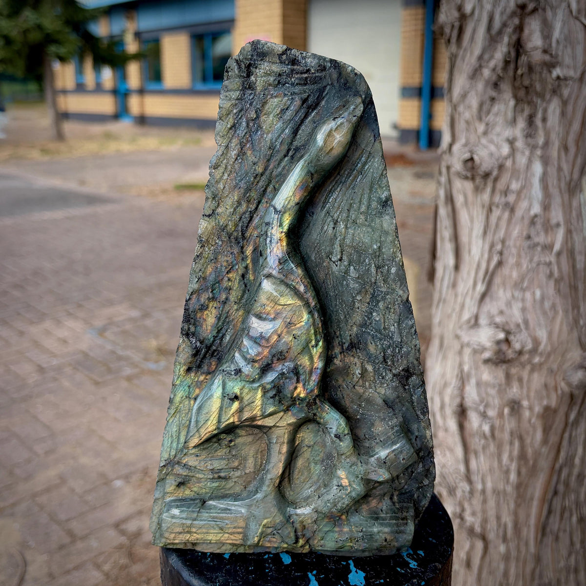 Hand carved Labradorite heron with distinctive natural colour and flash