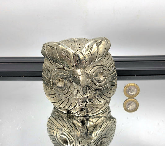 Large hand-carved pyrite owl sculpture from Peru