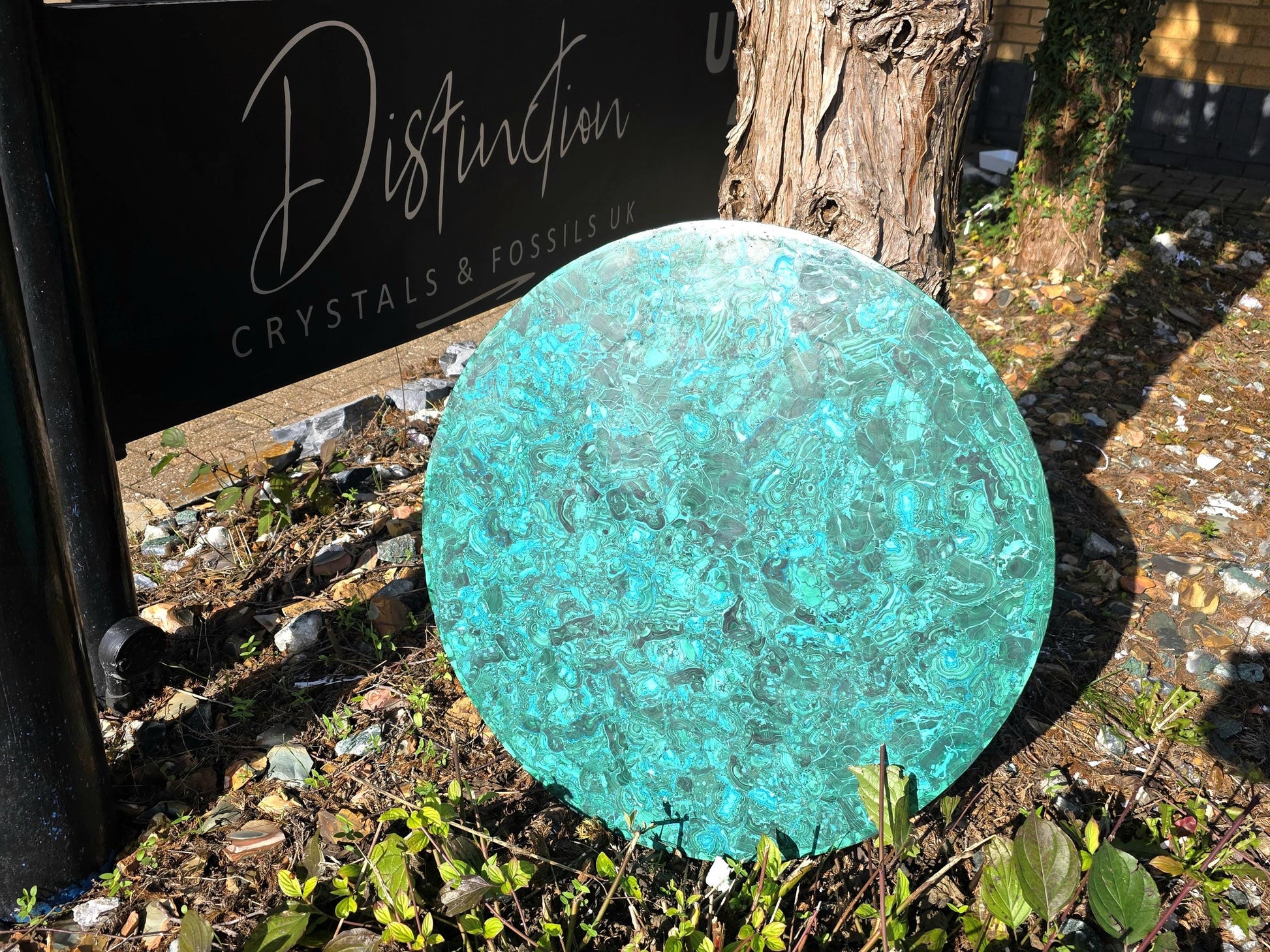 Hand-cut and polished Malachite & Chrysocolla table top by artisans.