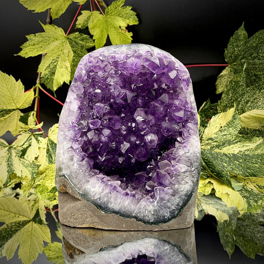 Uruguayan amethyst crystal freeform with purple crystal points and polished face rim displayed on a reflective surface.