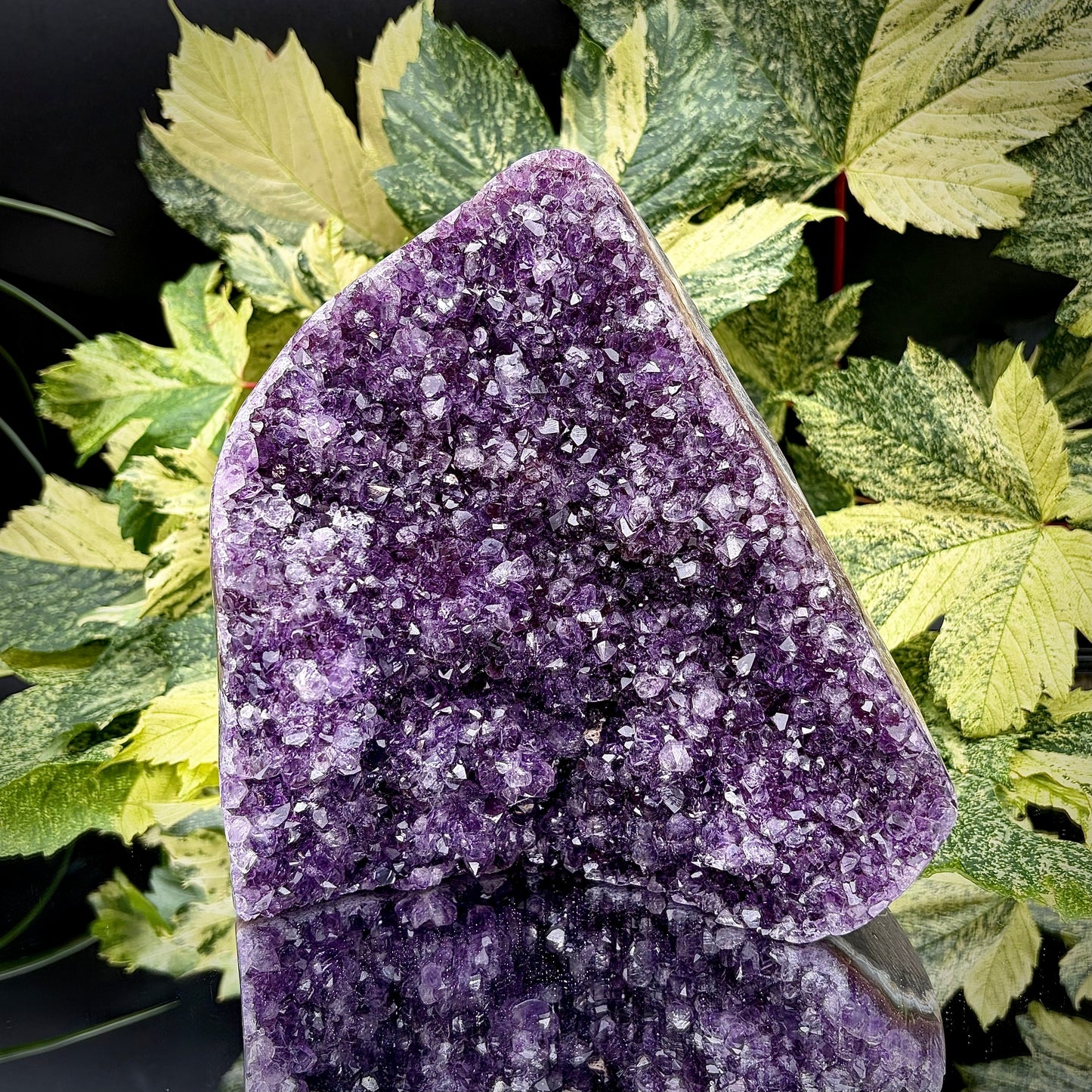 Uruguayan amethyst crystal freeform with purple crystal points and polished face rim displayed on a reflective surface.