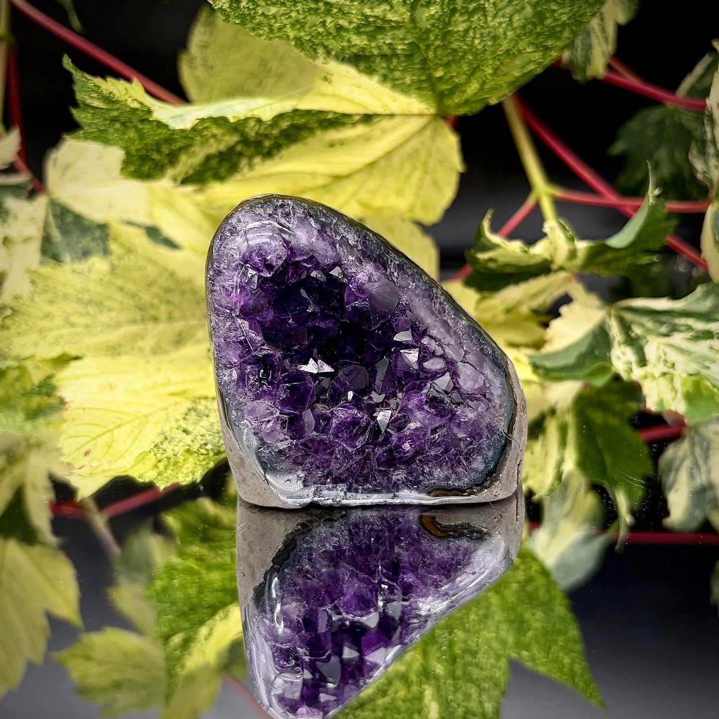 Uruguayan amethyst crystal freeform with purple crystal points and polished face rim displayed on a reflective surface.