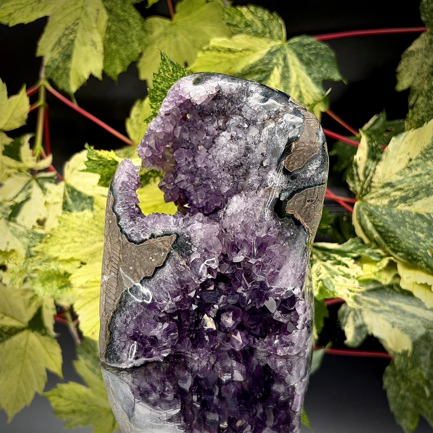 Uruguayan amethyst crystal freeform with purple crystal points and polished face rim displayed on a reflective surface.