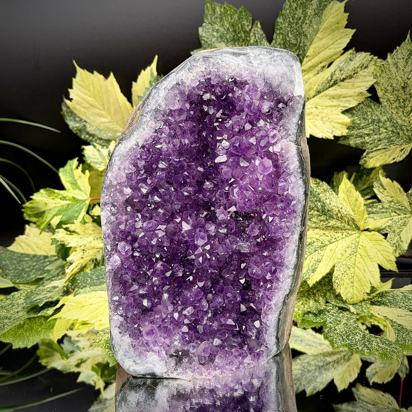 Uruguayan amethyst crystal freeform with purple crystal points and polished face rim displayed on a reflective surface.