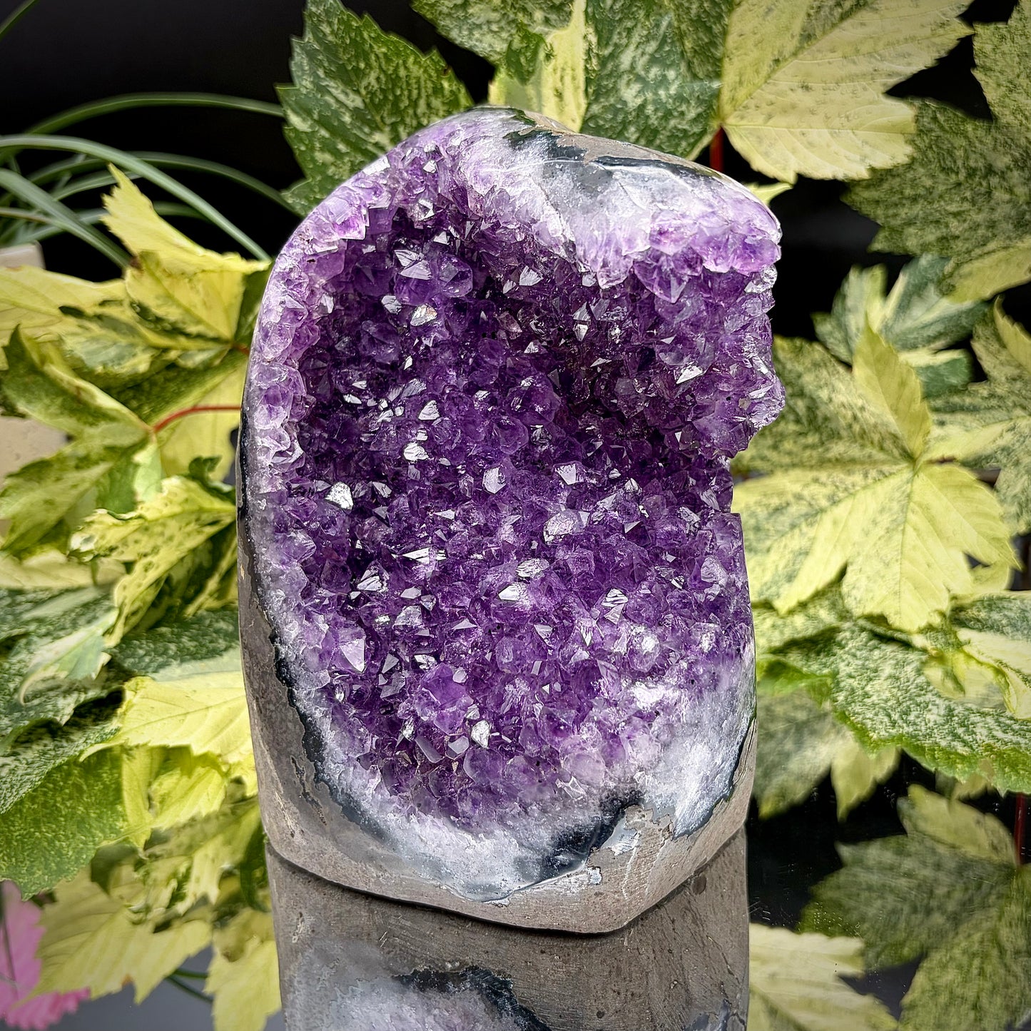 Uruguayan amethyst crystal freeform with purple crystal points and polished face rim displayed on a reflective surface.