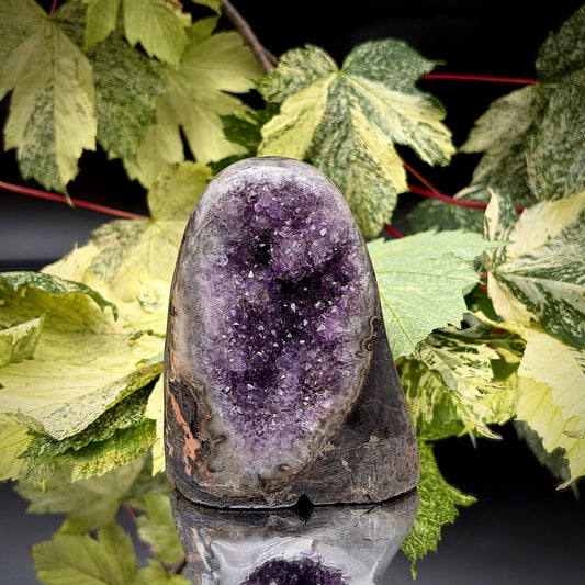 Uruguayan amethyst crystal freeform with purple crystal points and polished face rim displayed on a reflective surface.