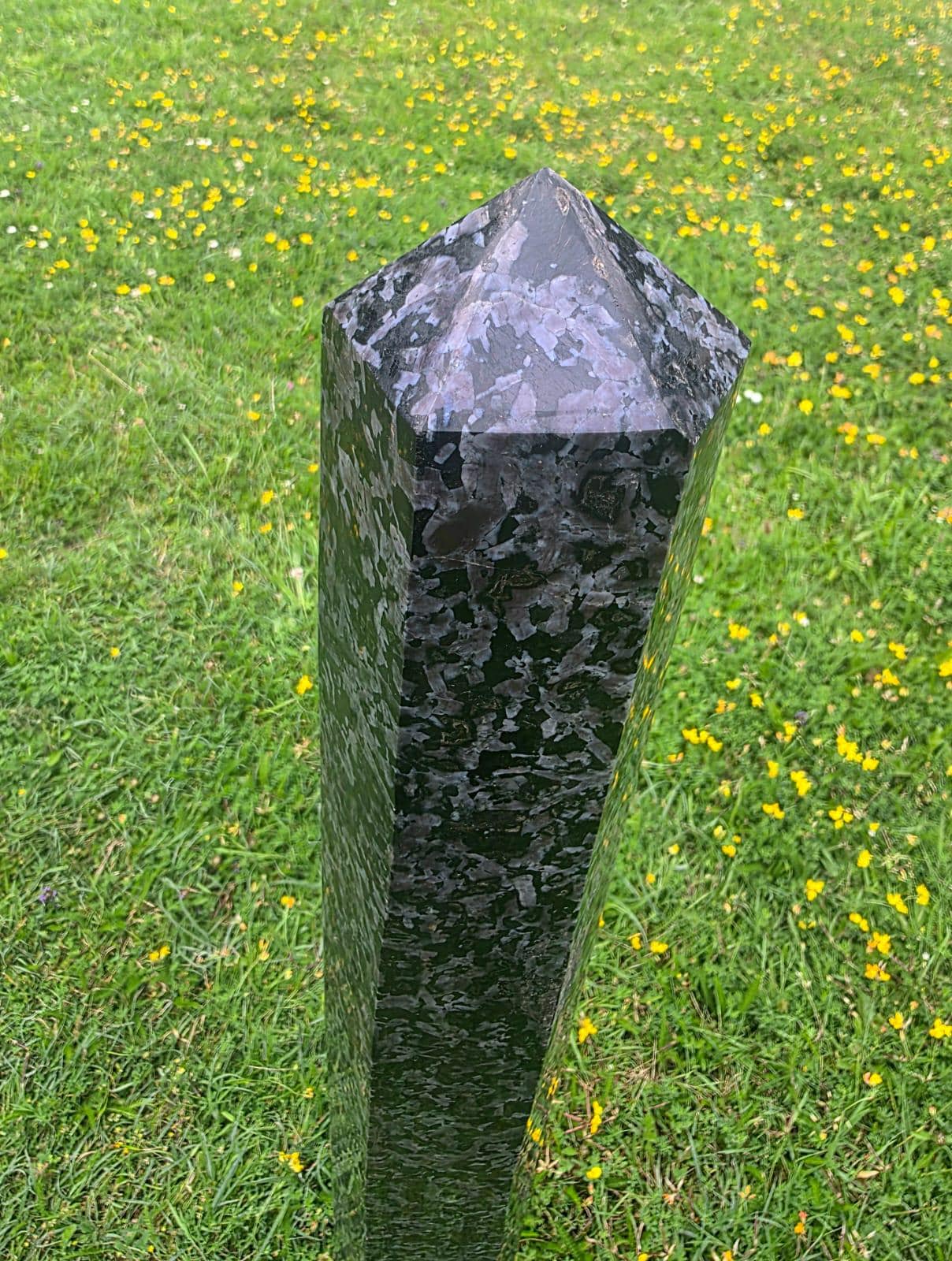 Full-height view of an XL Indigo Gabbro crystal point measuring approximately 111cm tall.