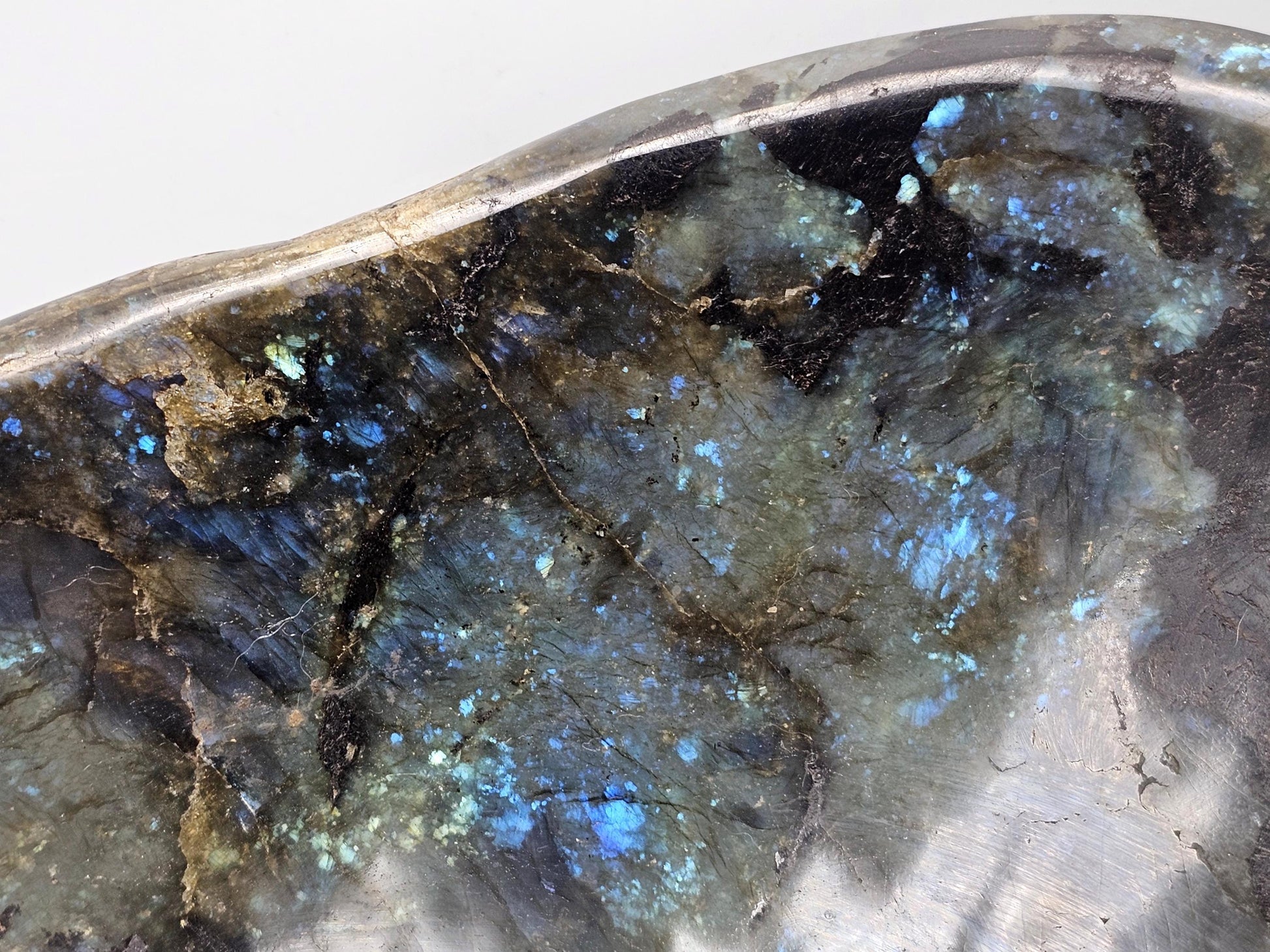  Polished Labradorite Crystal Bowl serving as an elegant centerpiece.
