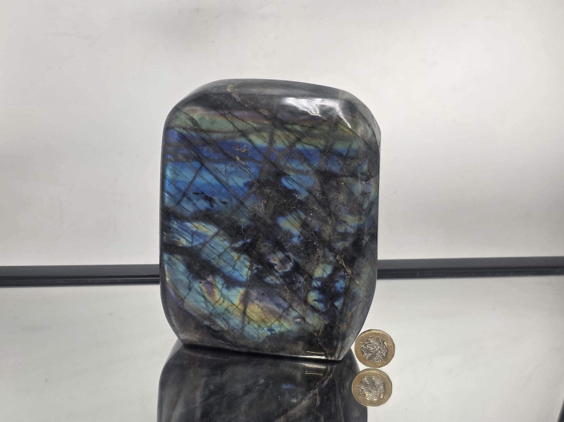 Large Labradorite Crystal Freeform with strong flash, a polished decorative piece for crystal displays and collections.